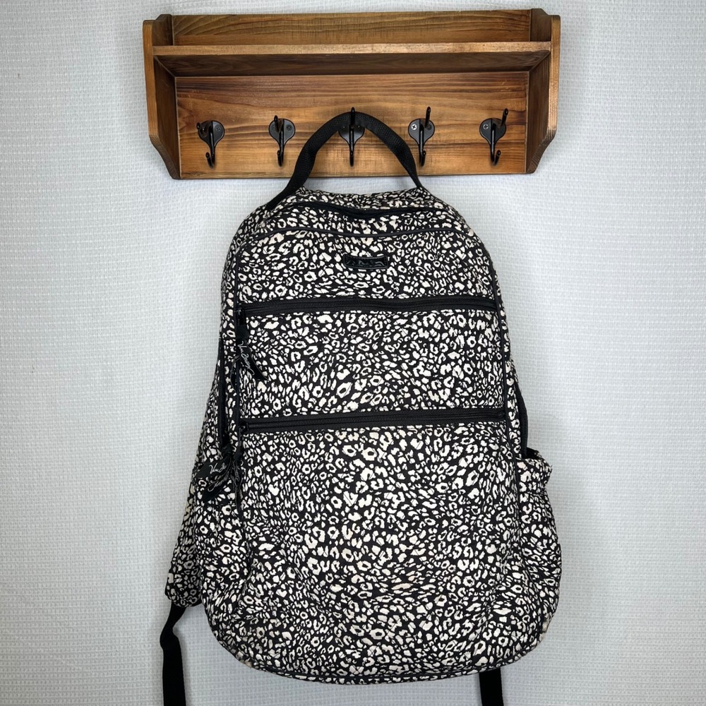 Vera Bradley Backpack Leopard Print Black White Zip Pockets Adjustable Straps‎